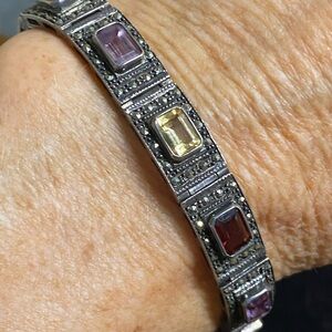Vintage Sterling Silver Marcasite & Multicolor Gemstone Bracelet